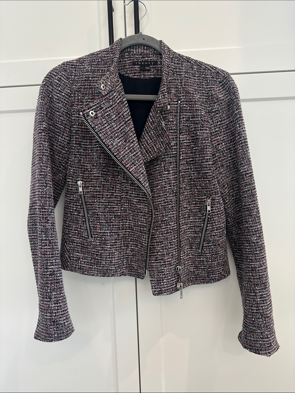 Theory Black and Pink Tweed Asymmetrical Zip Blazer